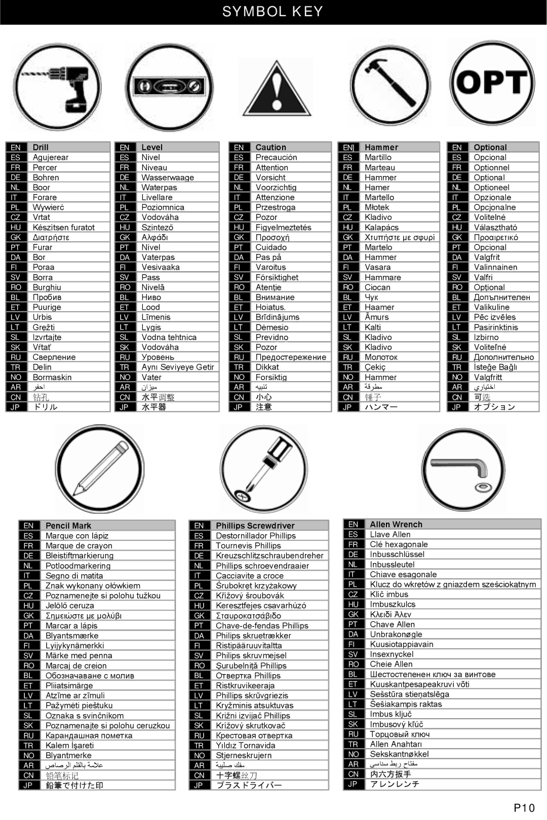 Omnimount WS-1 instruction manual Symbol KEY, 水平调整 ドリル 水平器 ハンマー オプション 