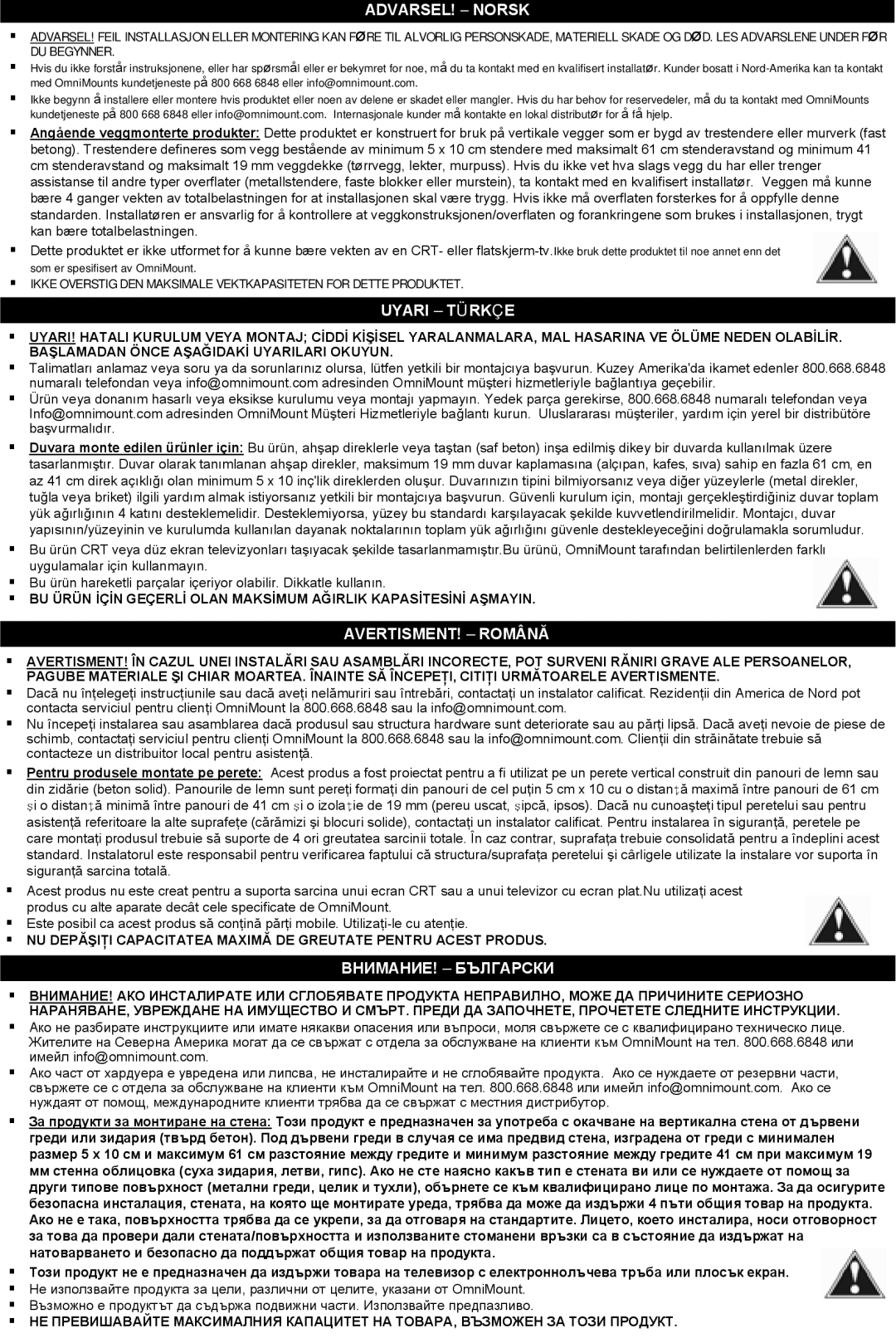 Omnimount WS-2 instruction manual Uyari Türkçe, AVERTISMENT! Română, ВНИМАНИЕ! Български 