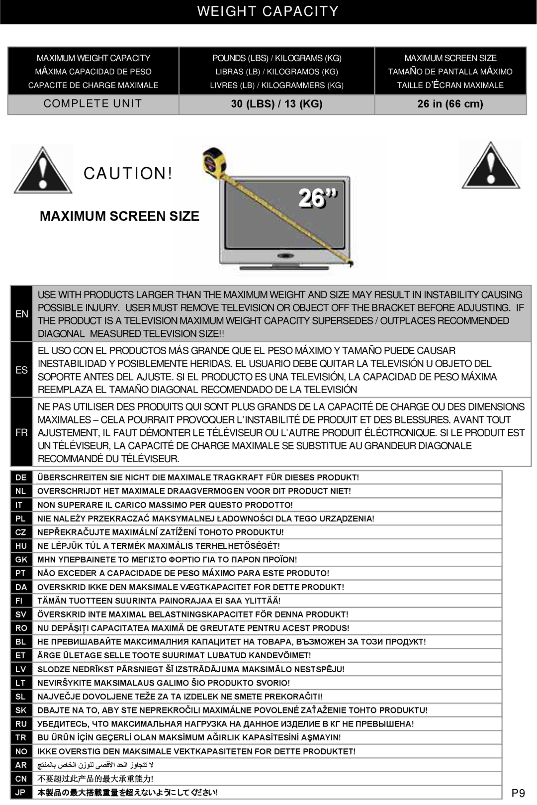 Omnimount WS-3 instruction manual Weight Capacity, Maximum Screen Size 