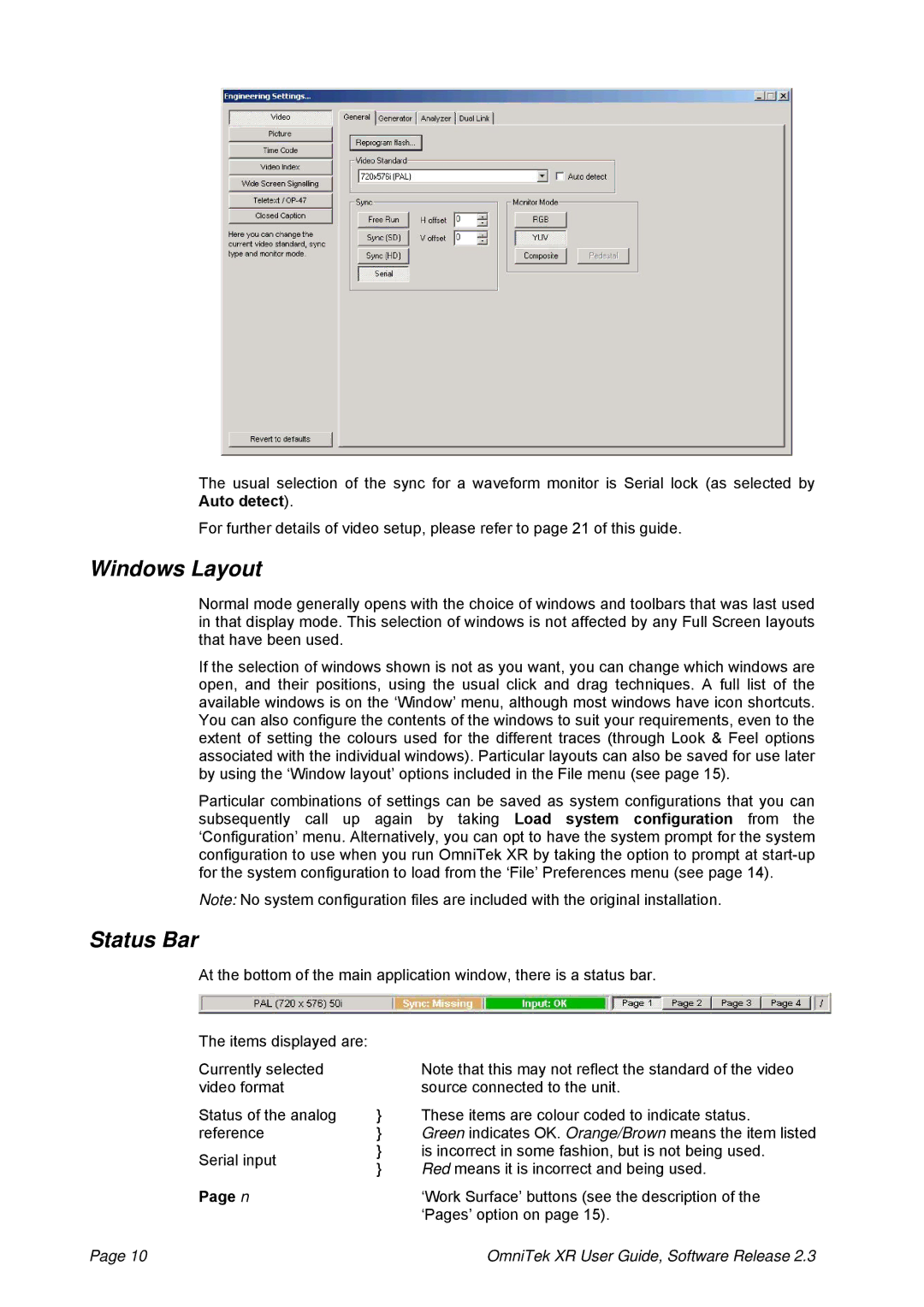 OmniTek 2.3 manual Windows Layout, Status Bar 