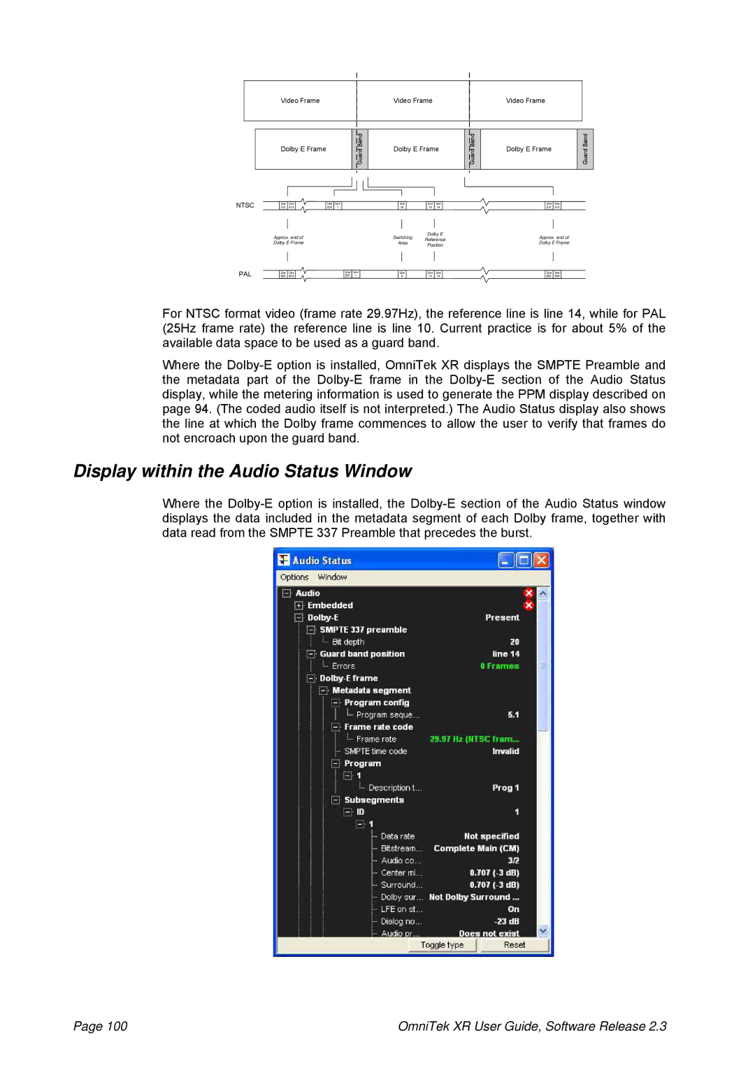 OmniTek 2.3 manual Display within the Audio Status Window, Ntsc 