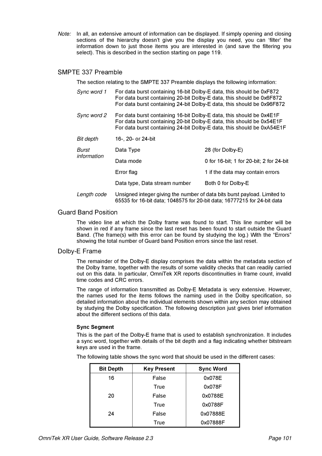 OmniTek 2.3 manual Smpte 337 Preamble, Guard Band Position, Dolby-E Frame, Sync Segment, Bit Depth Key Present Sync Word 