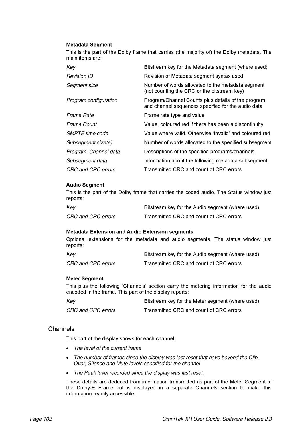 OmniTek 2.3 Channels, Metadata Segment, Audio Segment, Metadata Extension and Audio Extension segments, Meter Segment 