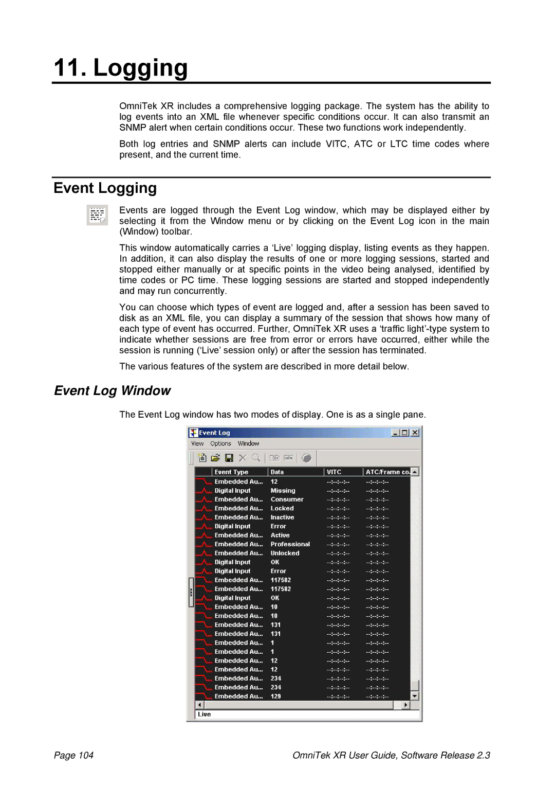 OmniTek 2.3 manual Event Logging, Event Log Window 