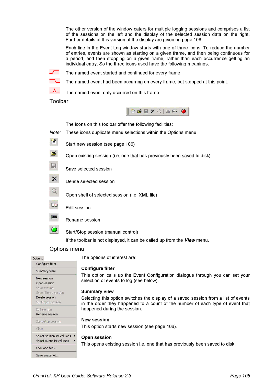 OmniTek 2.3 manual Toolbar, Configure filter, Summary view, New session, Open session 