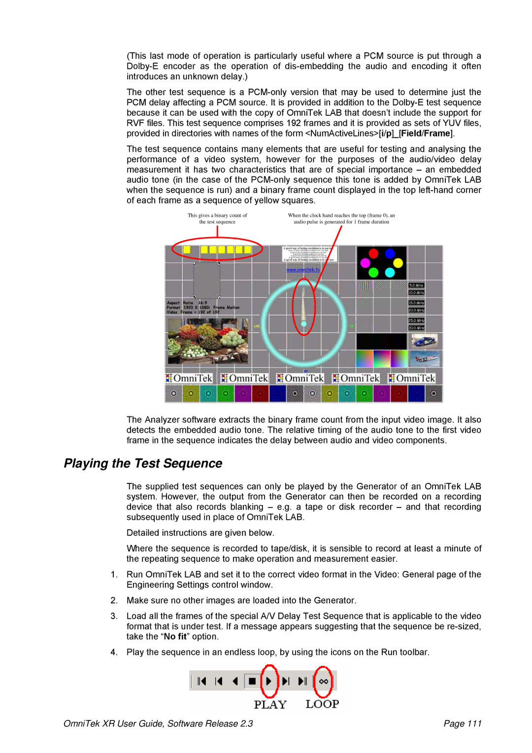 OmniTek 2.3 manual Playing the Test Sequence 