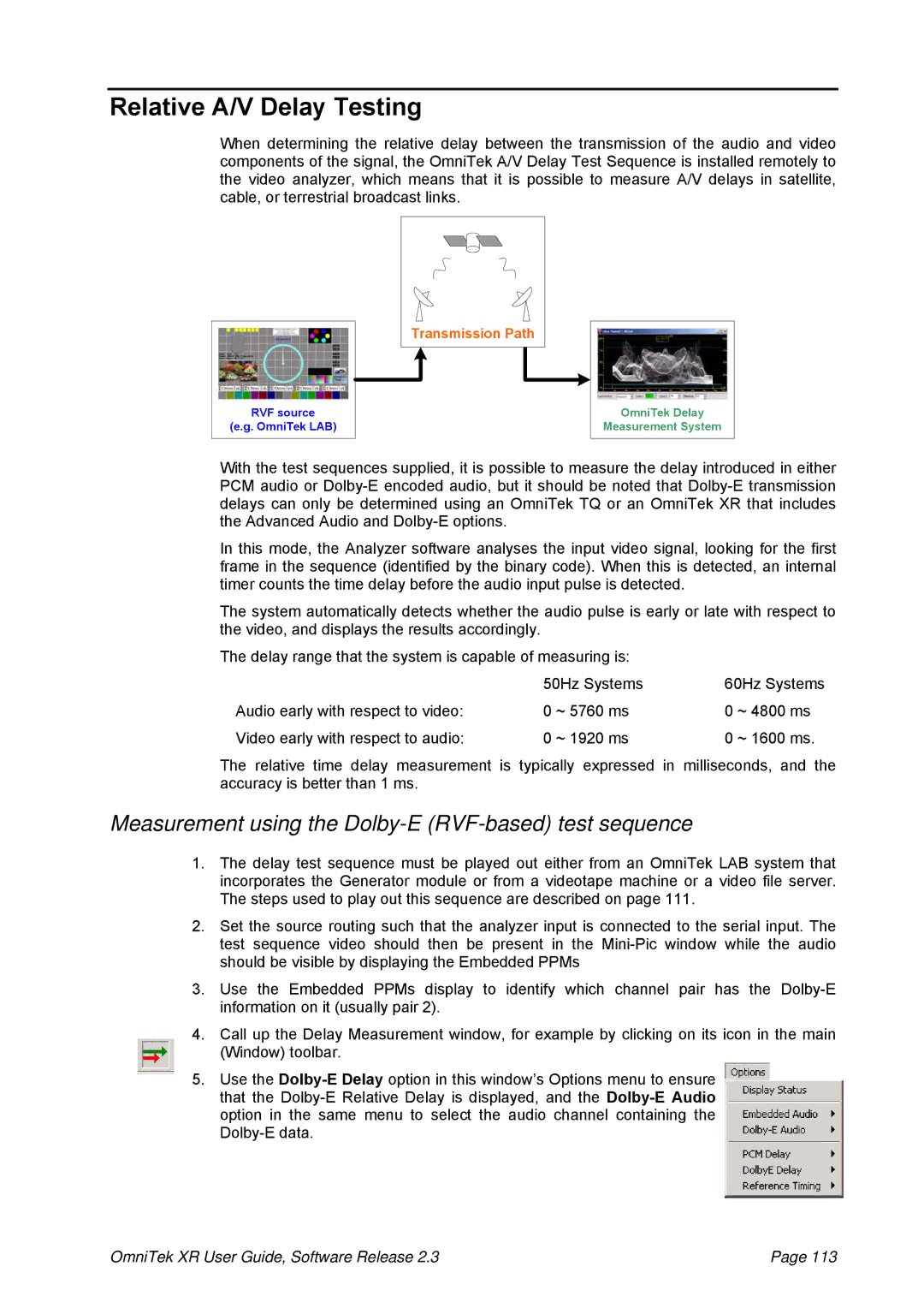 OmniTek 2.3 manual Relative A/V Delay Testing, Measurement using the Dolby-E RVF-based test sequence 