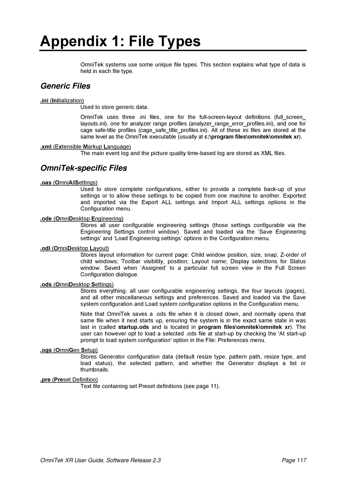 OmniTek 2.3 manual Appendix 1 File Types, Generic Files, OmniTek-specific Files 