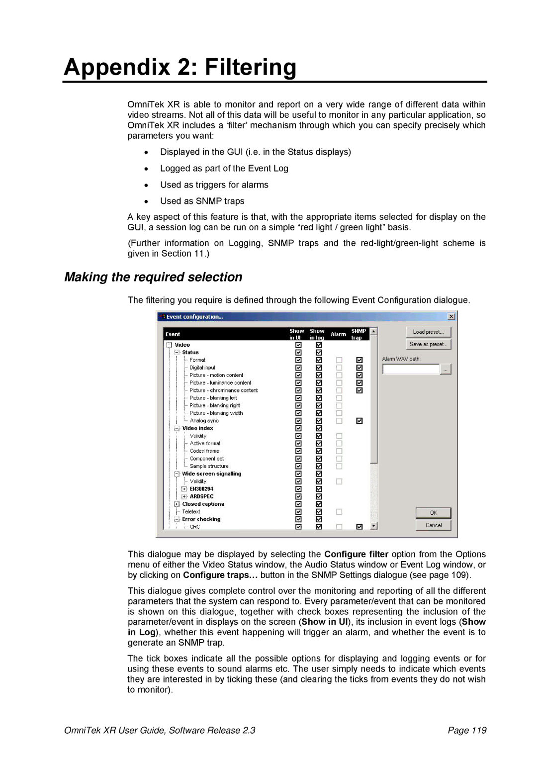 OmniTek 2.3 manual Appendix 2 Filtering, Making the required selection 