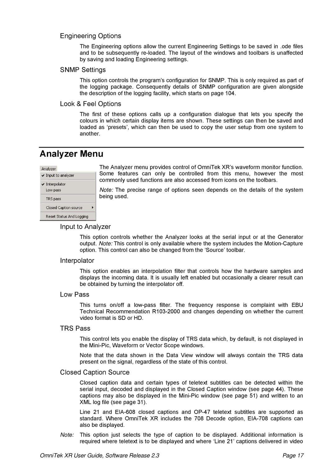 OmniTek 2.3 manual Analyzer Menu 