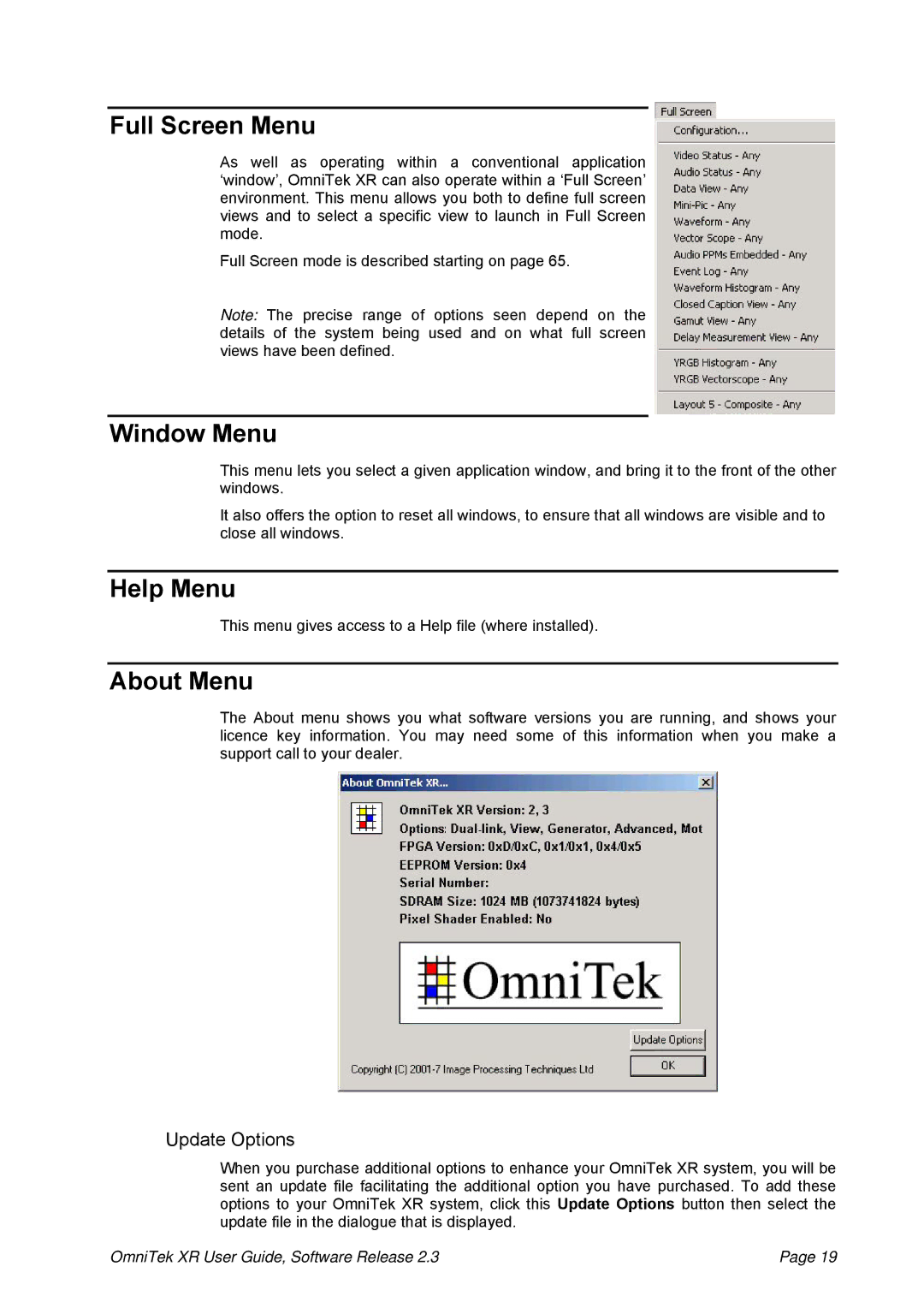 OmniTek 2.3 manual Full Screen Menu, Window Menu, Help Menu, About Menu, Update Options 