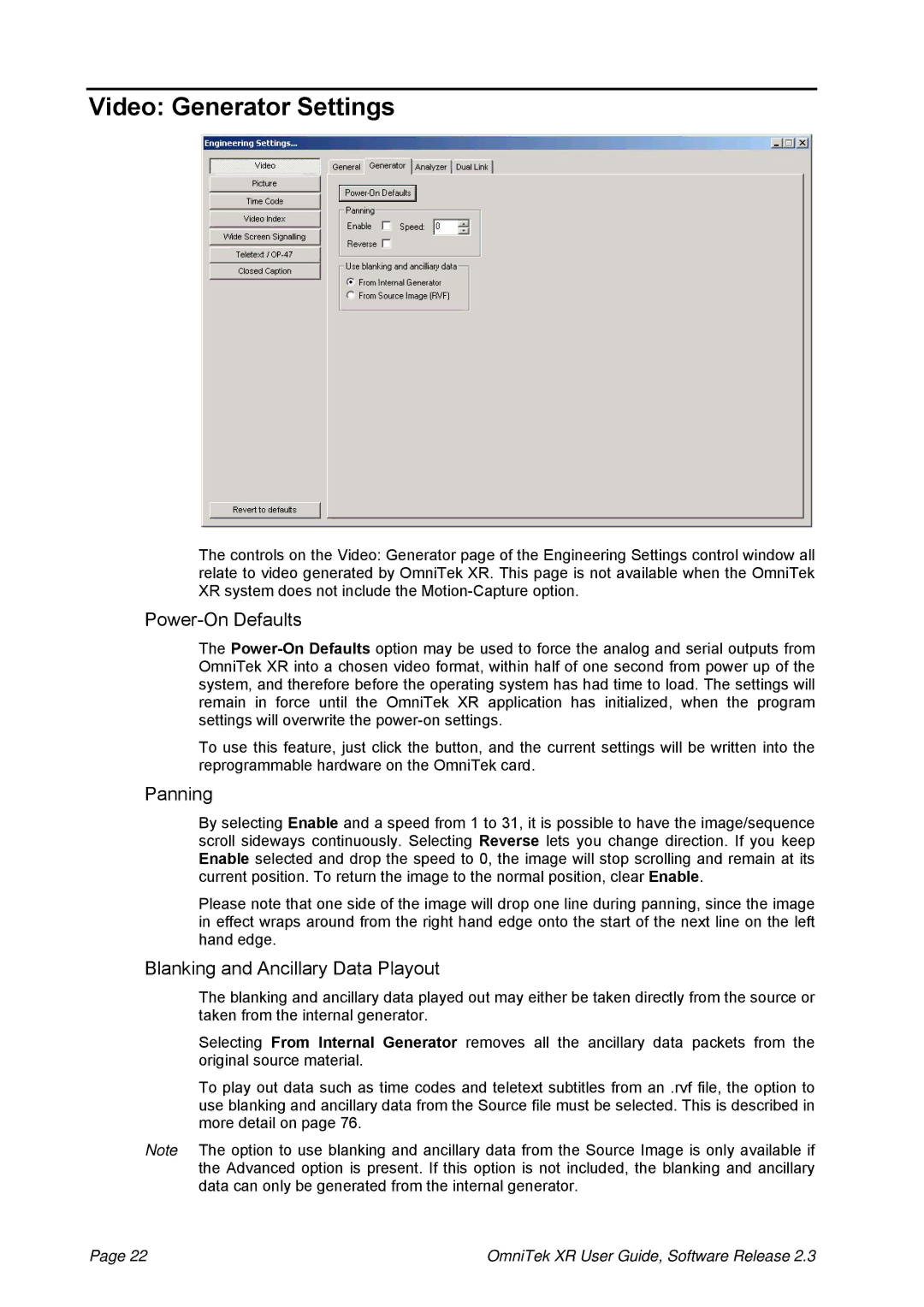 OmniTek 2.3 manual Video Generator Settings, Power-On Defaults, Panning, Blanking and Ancillary Data Playout 