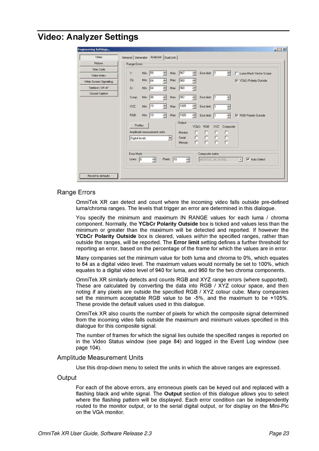 OmniTek 2.3 manual Video Analyzer Settings, Range Errors, Amplitude Measurement Units, Output 