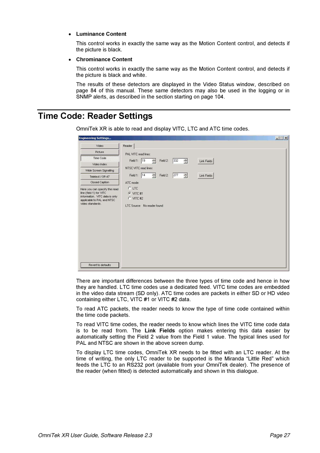 OmniTek 2.3 manual Time Code Reader Settings, Luminance Content, Chrominance Content 