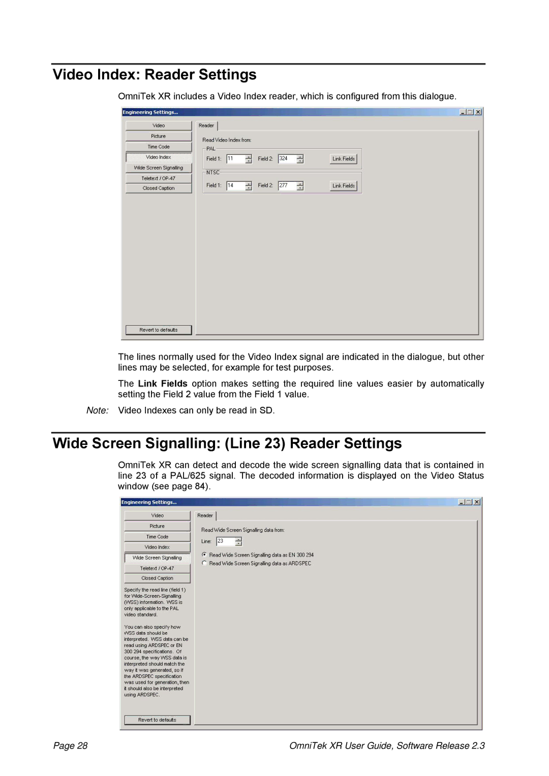 OmniTek 2.3 manual Video Index Reader Settings, Wide Screen Signalling Line 23 Reader Settings 