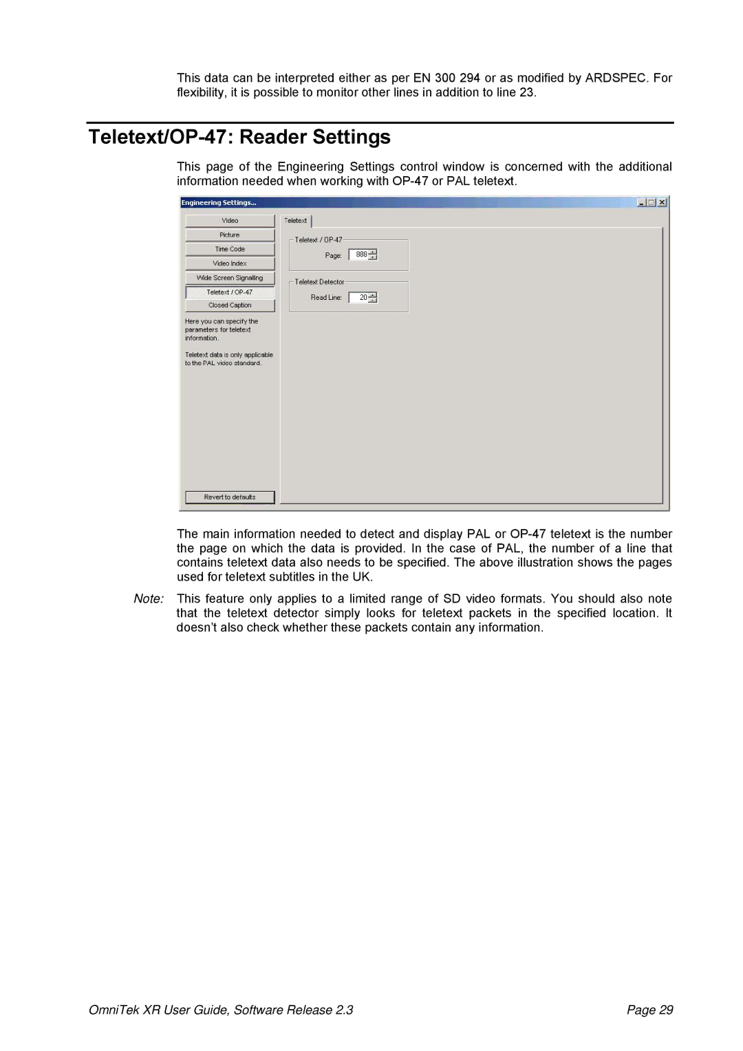 OmniTek 2.3 manual Teletext/OP-47 Reader Settings 