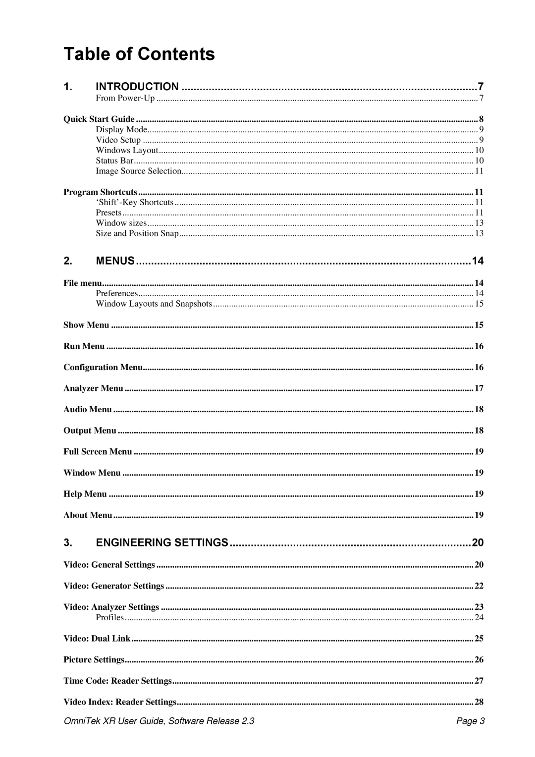 OmniTek 2.3 manual Table of Contents 