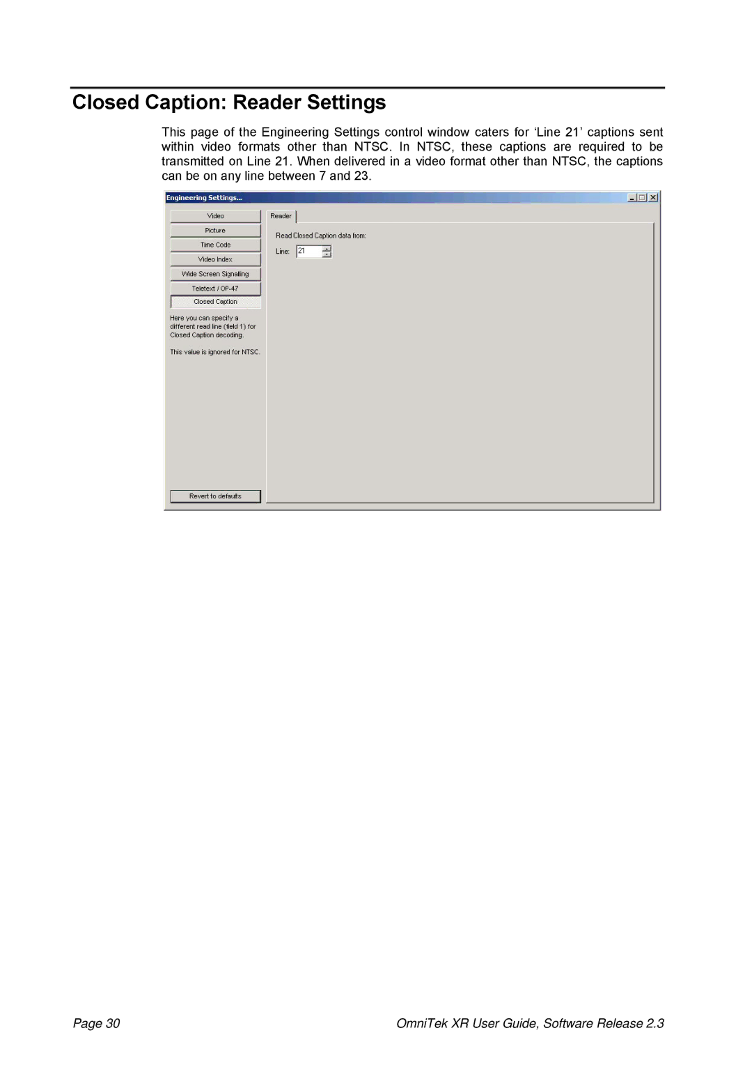 OmniTek 2.3 manual Closed Caption Reader Settings 