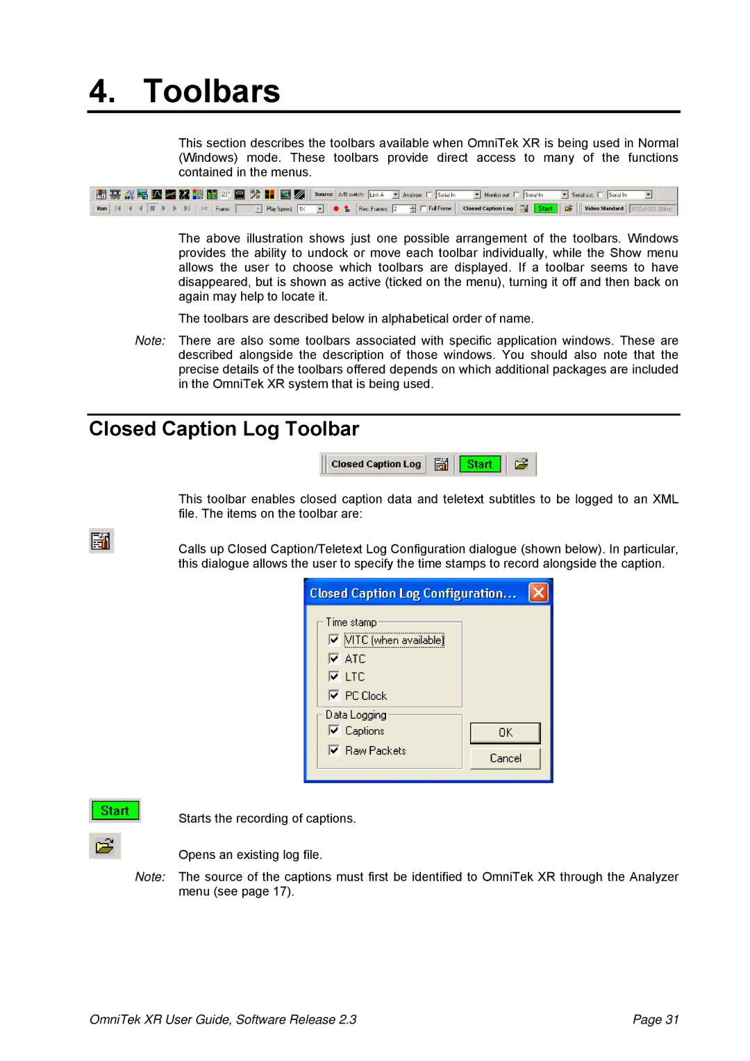 OmniTek 2.3 manual Toolbars, Closed Caption Log Toolbar 