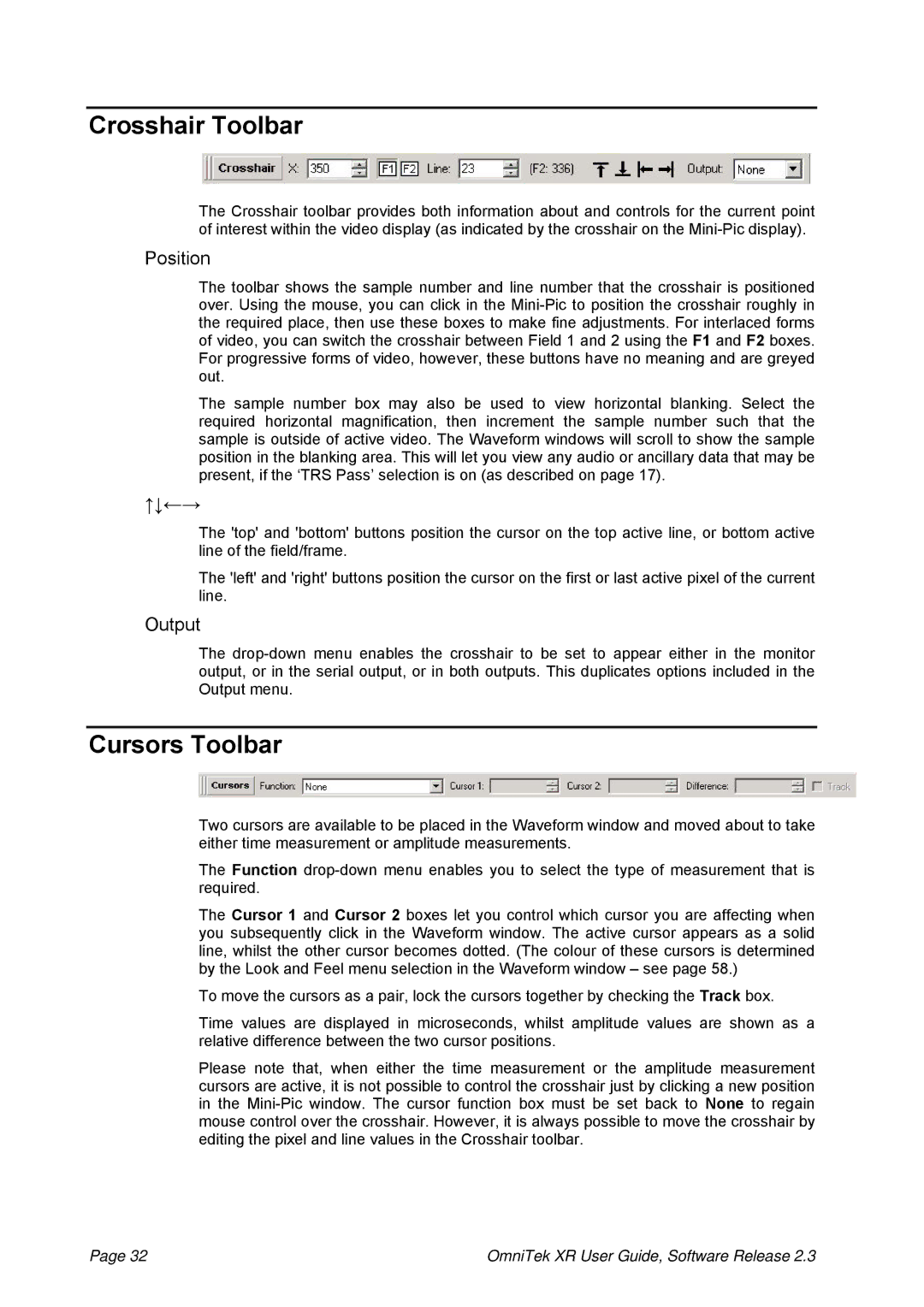 OmniTek 2.3 manual Crosshair Toolbar, Cursors Toolbar, Position, ↑↓←→ 