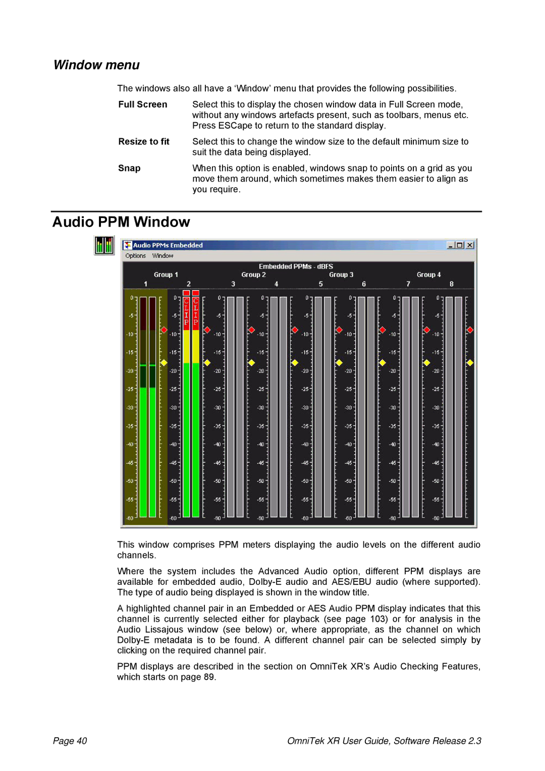 OmniTek 2.3 manual Audio PPM Window, Window menu, Full Screen, Resize to fit, Snap 