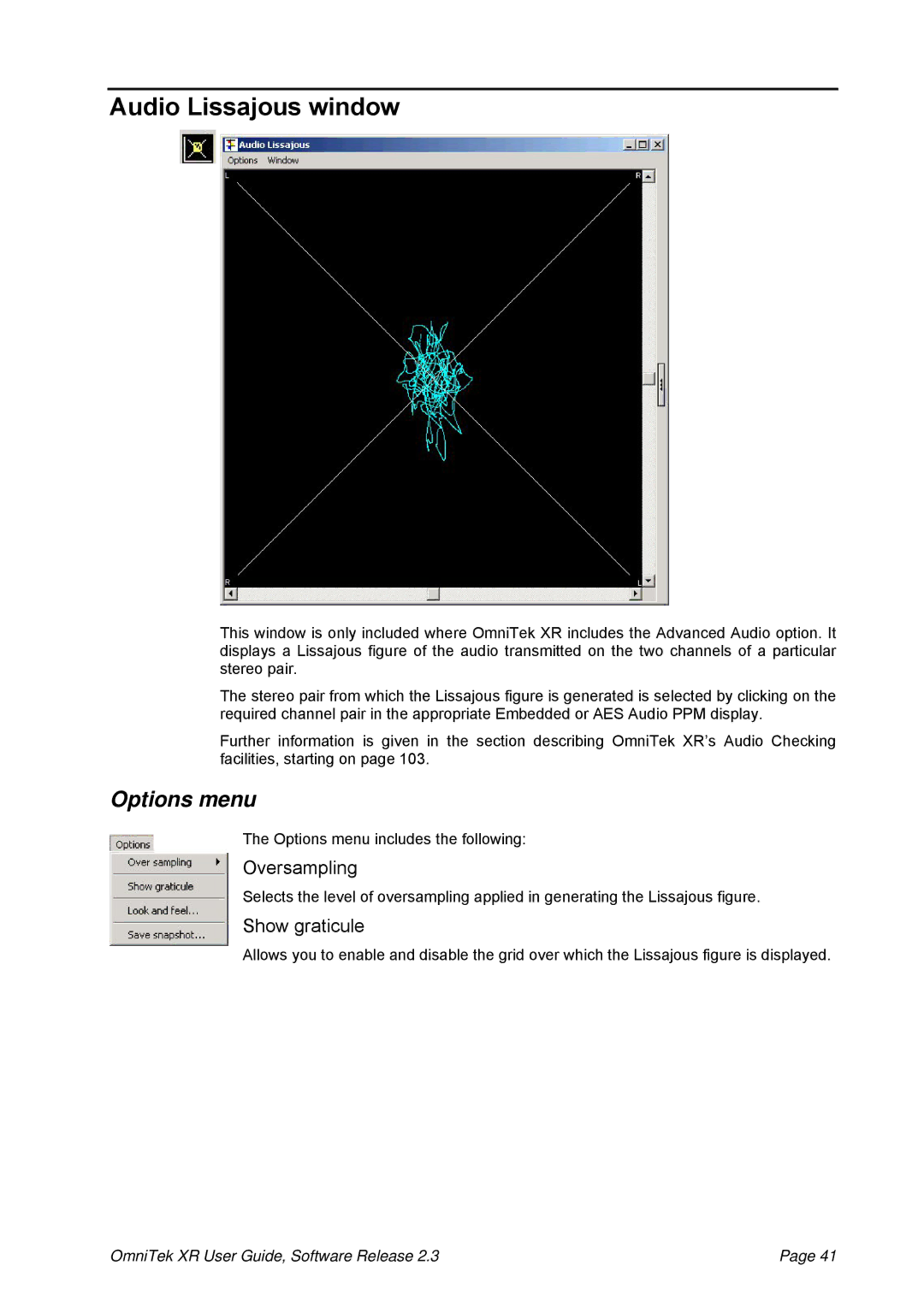 OmniTek 2.3 manual Audio Lissajous window, Oversampling, Show graticule 