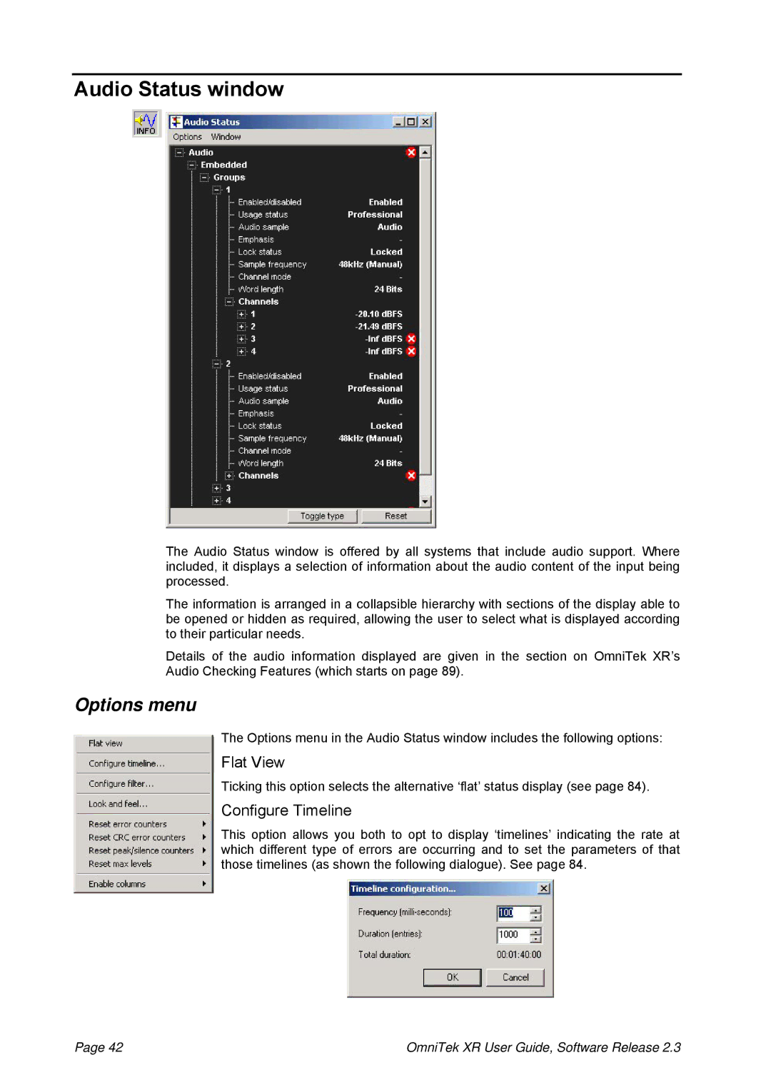 OmniTek 2.3 manual Audio Status window, Flat View, Configure Timeline 