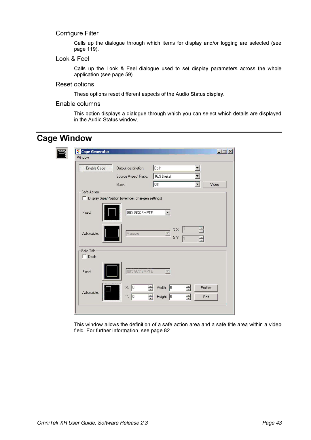 OmniTek 2.3 manual Cage Window, Configure Filter, Look & Feel, Reset options, Enable columns 