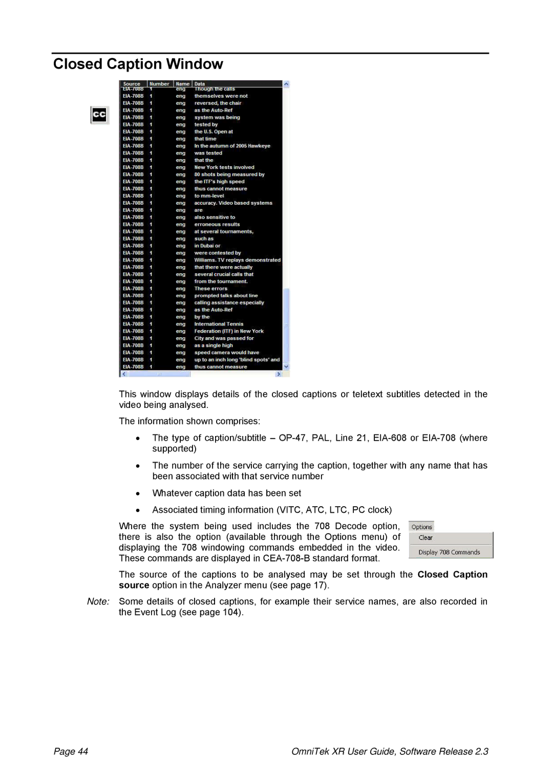 OmniTek 2.3 manual Closed Caption Window 