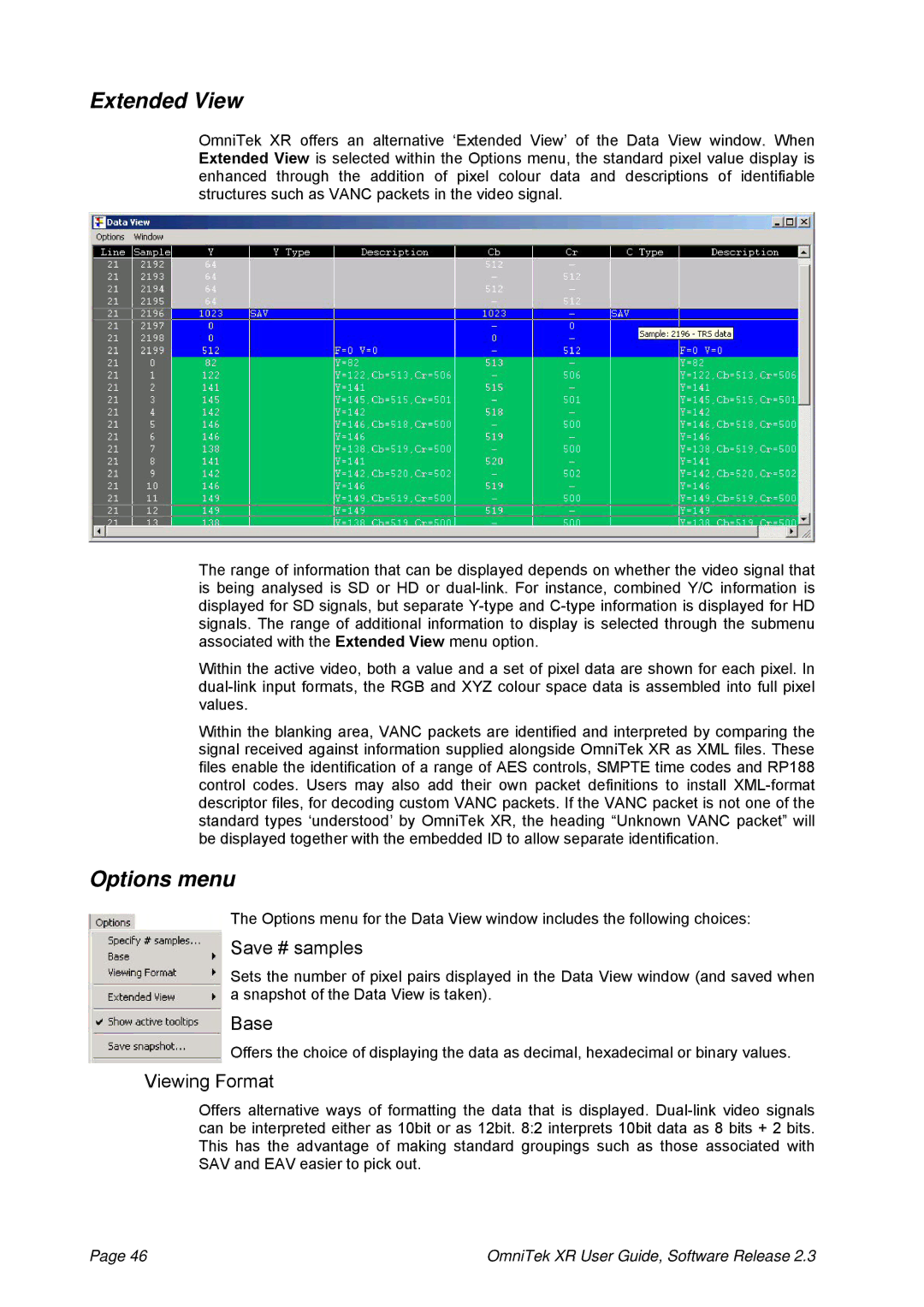 OmniTek 2.3 manual Extended View, Save # samples, Base, Viewing Format 