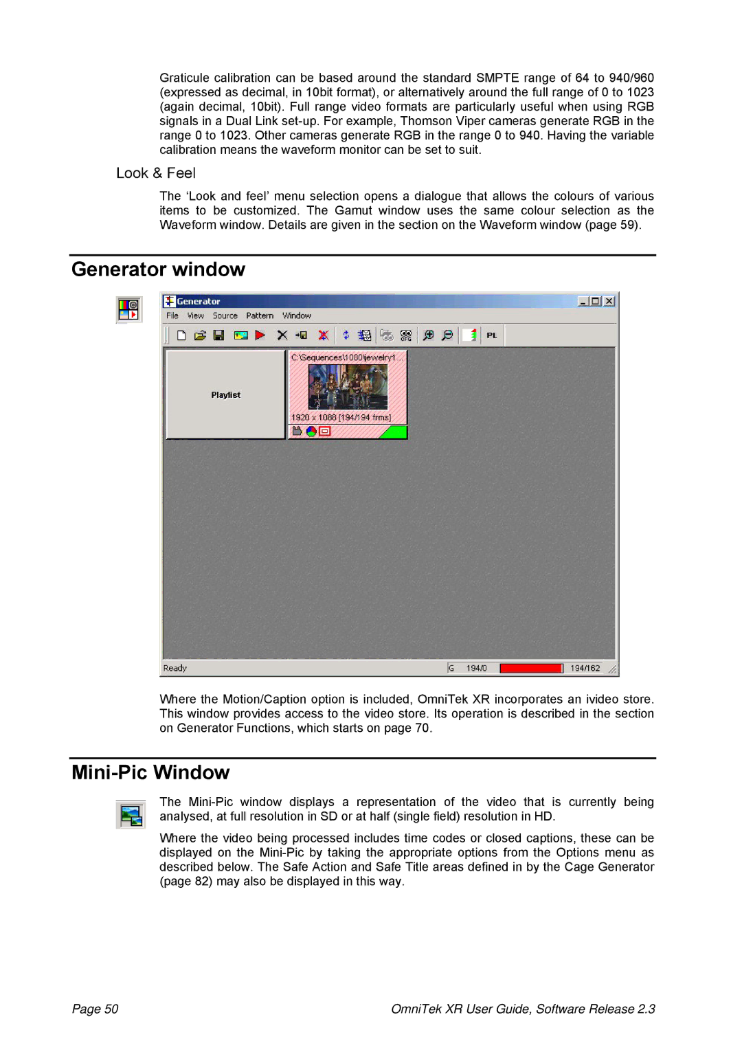 OmniTek 2.3 manual Generator window, Mini-Pic Window 