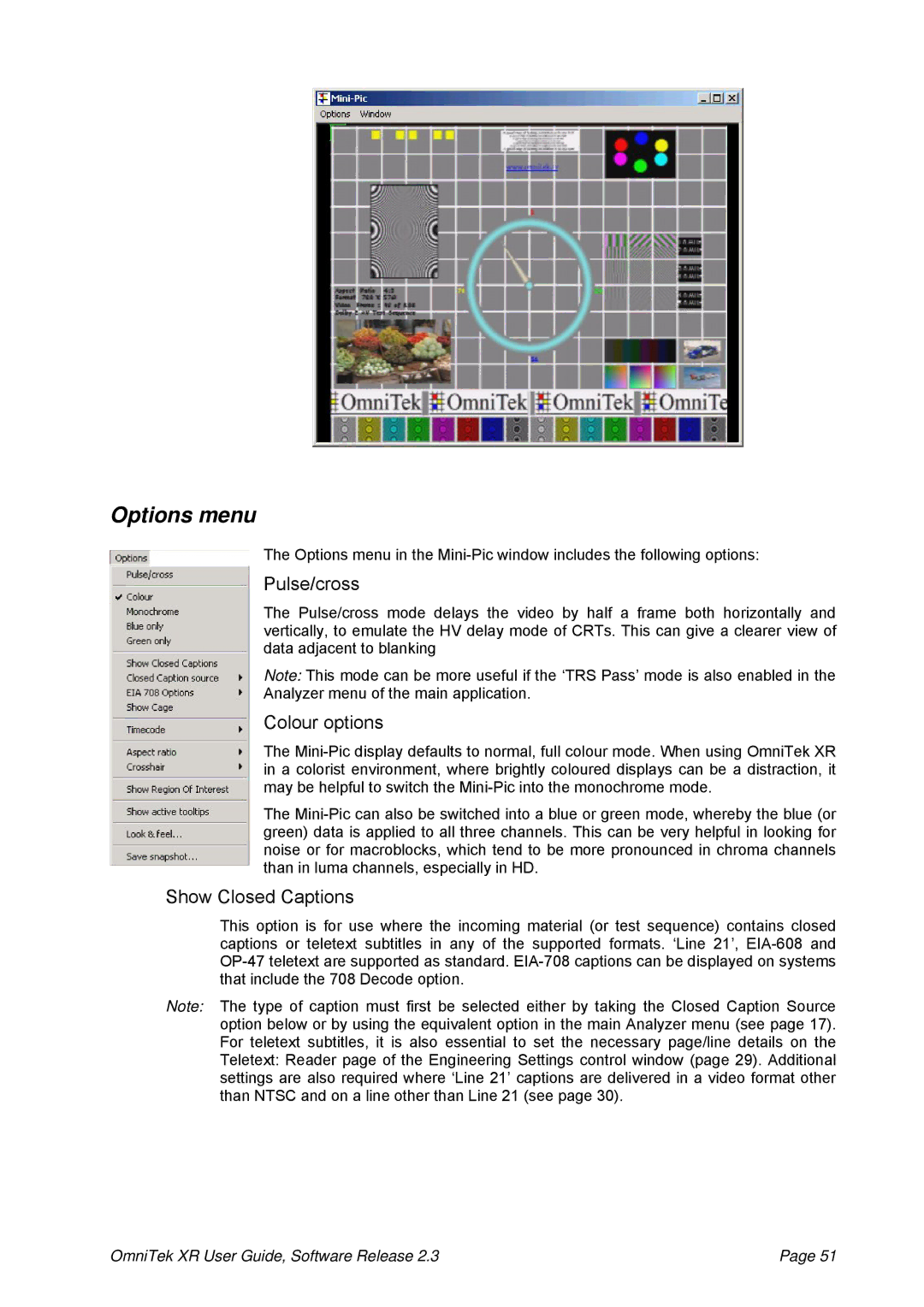 OmniTek 2.3 manual Pulse/cross, Colour options, Show Closed Captions 