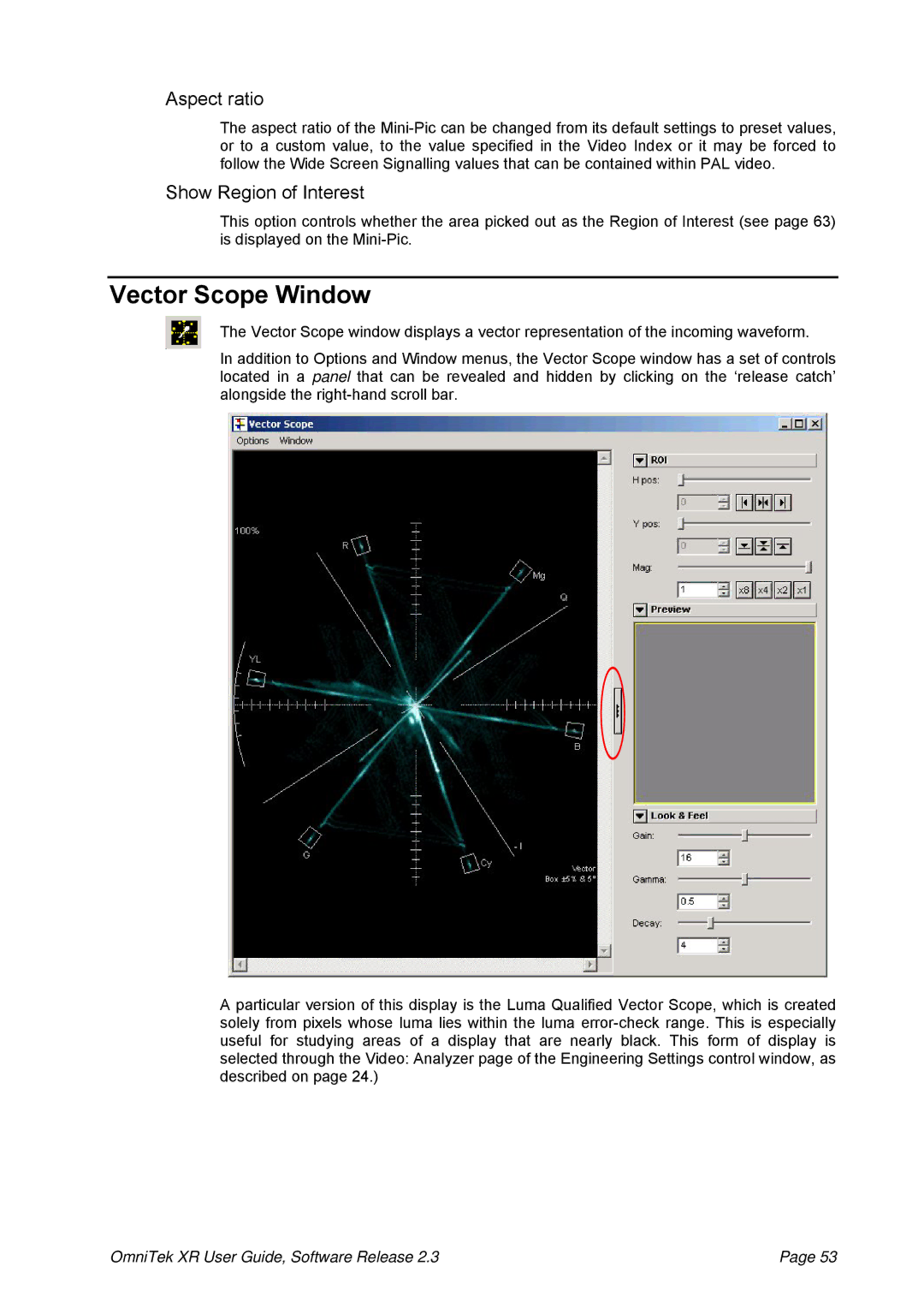 OmniTek 2.3 manual Vector Scope Window, Aspect ratio, Show Region of Interest 