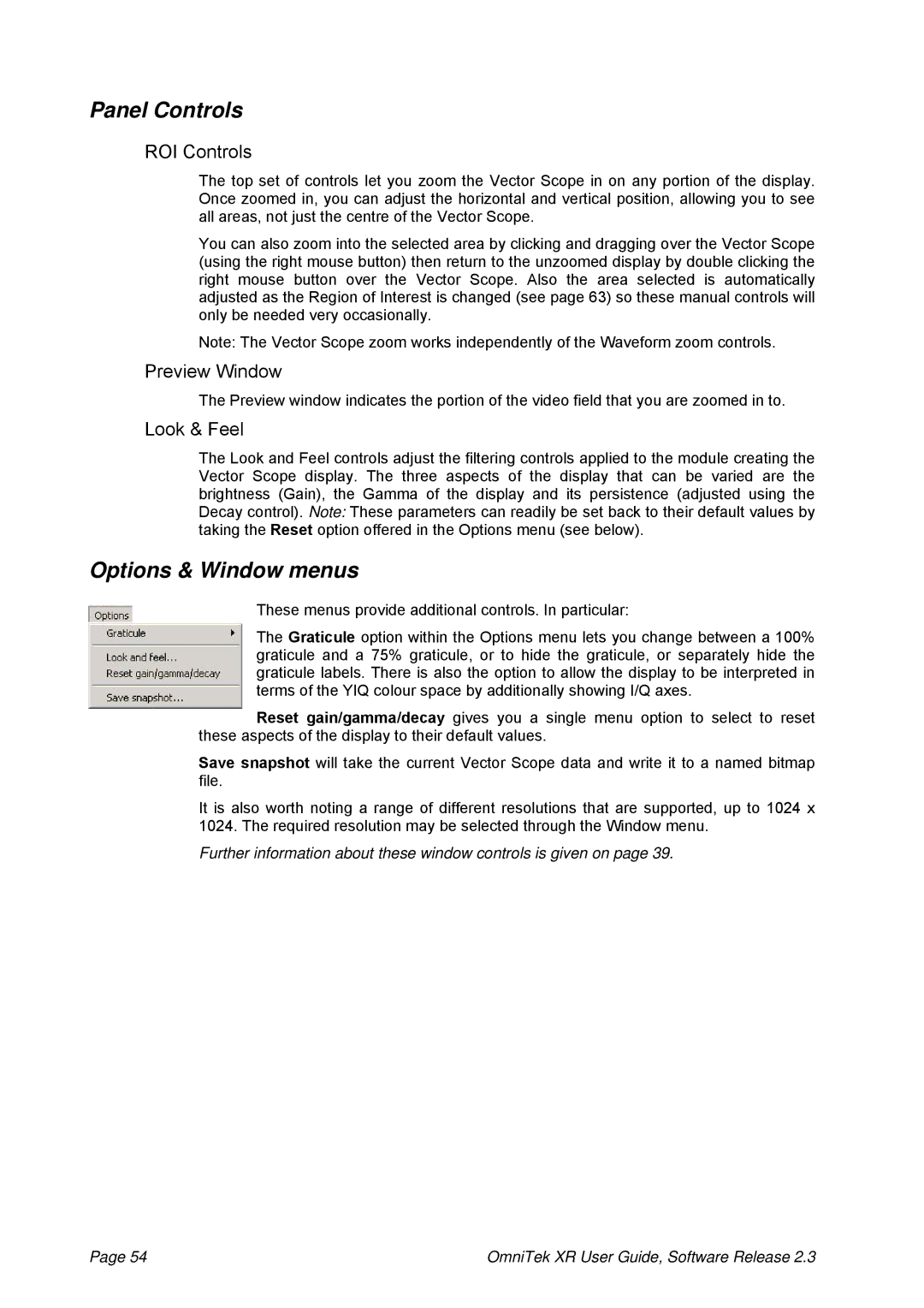 OmniTek 2.3 manual Panel Controls, Options & Window menus, ROI Controls, Preview Window 