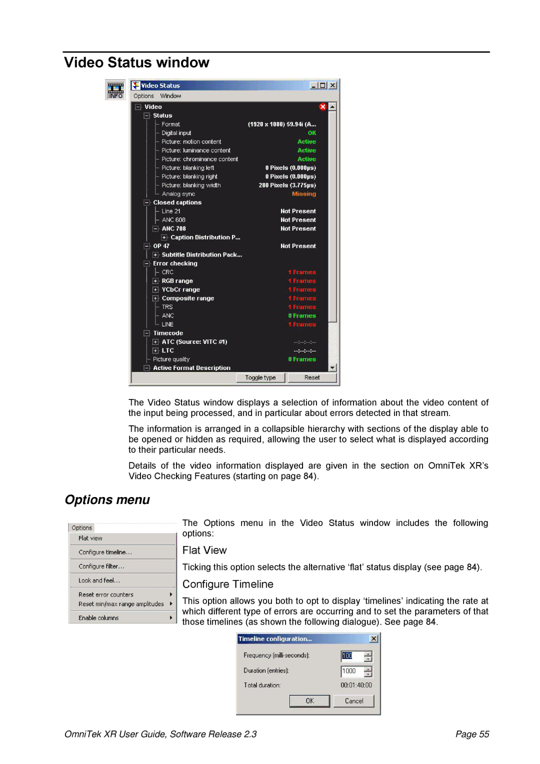 OmniTek 2.3 manual Video Status window, Options menu 