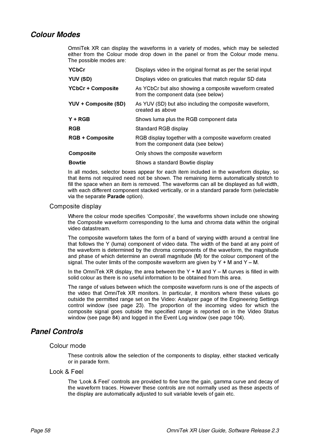 OmniTek 2.3 manual Colour Modes, Composite display, Colour mode 