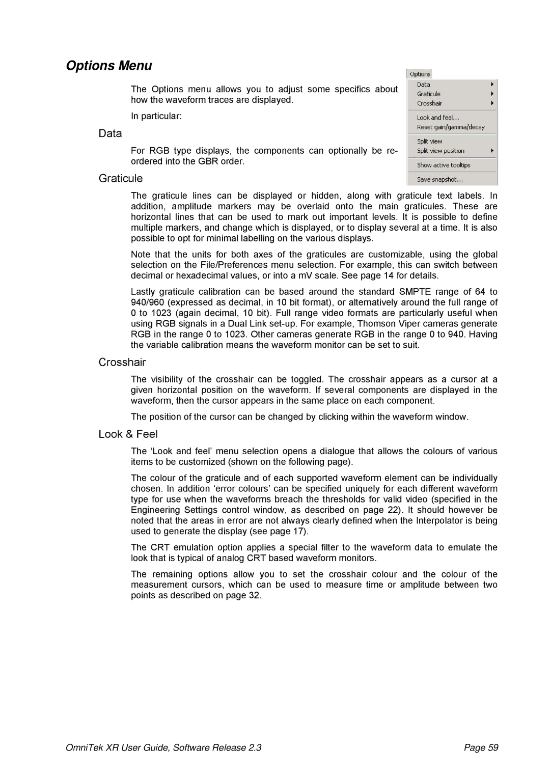 OmniTek 2.3 manual Data, Crosshair 