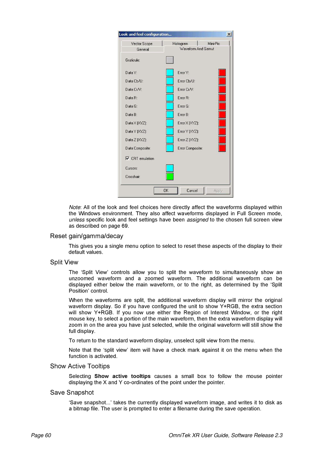 OmniTek 2.3 manual Reset gain/gamma/decay, Split View, Show Active Tooltips 