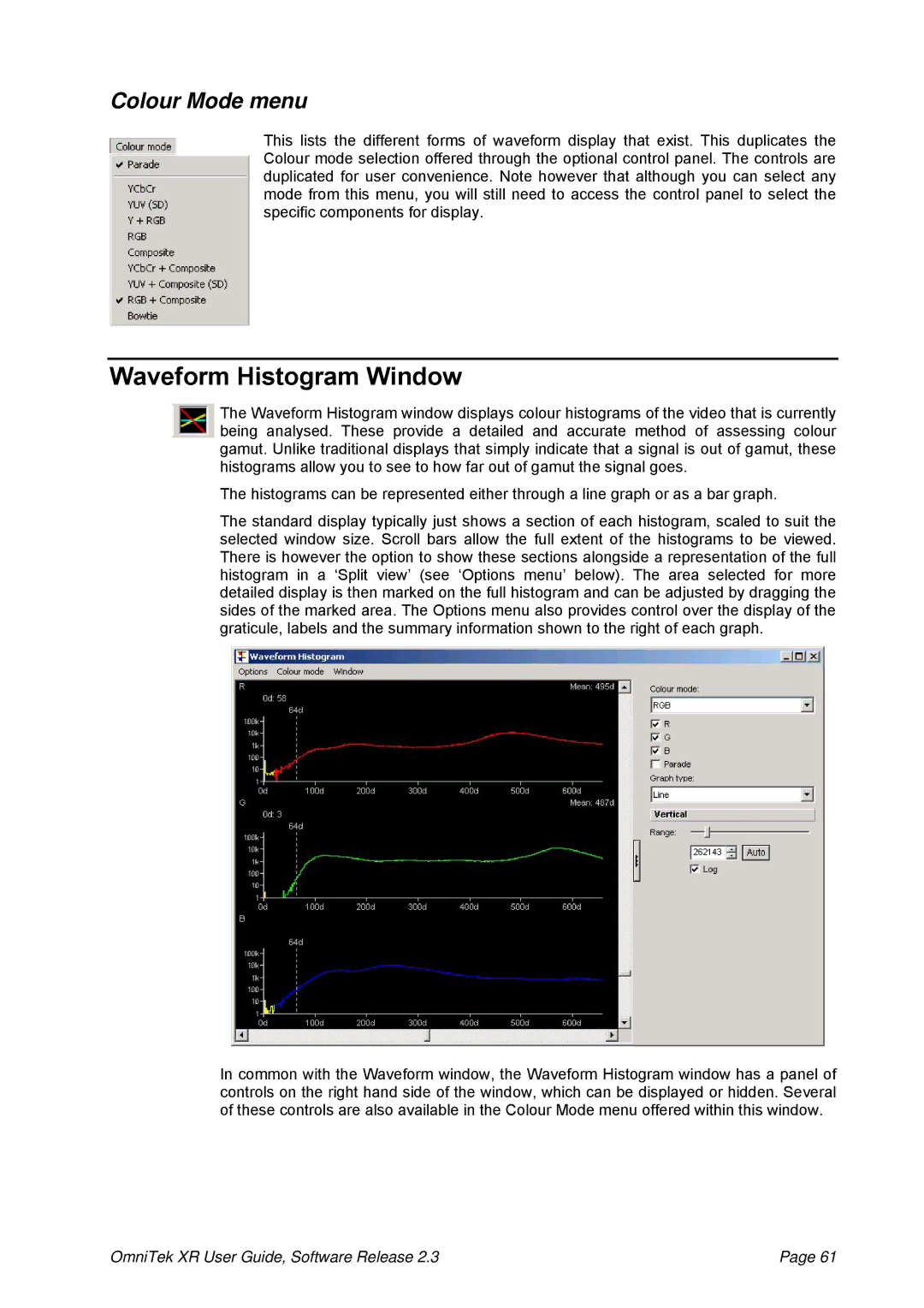 OmniTek 2.3 manual Waveform Histogram Window, Colour Mode menu 