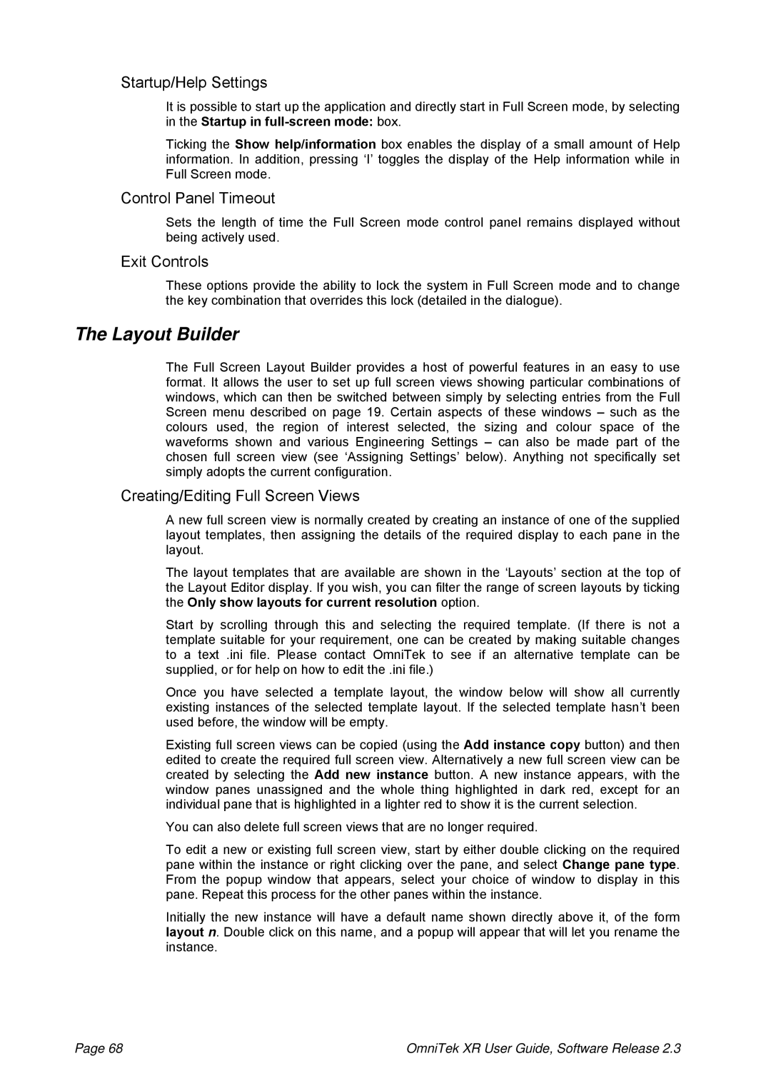 OmniTek 2.3 manual Layout Builder, Startup/Help Settings, Control Panel Timeout, Exit Controls 