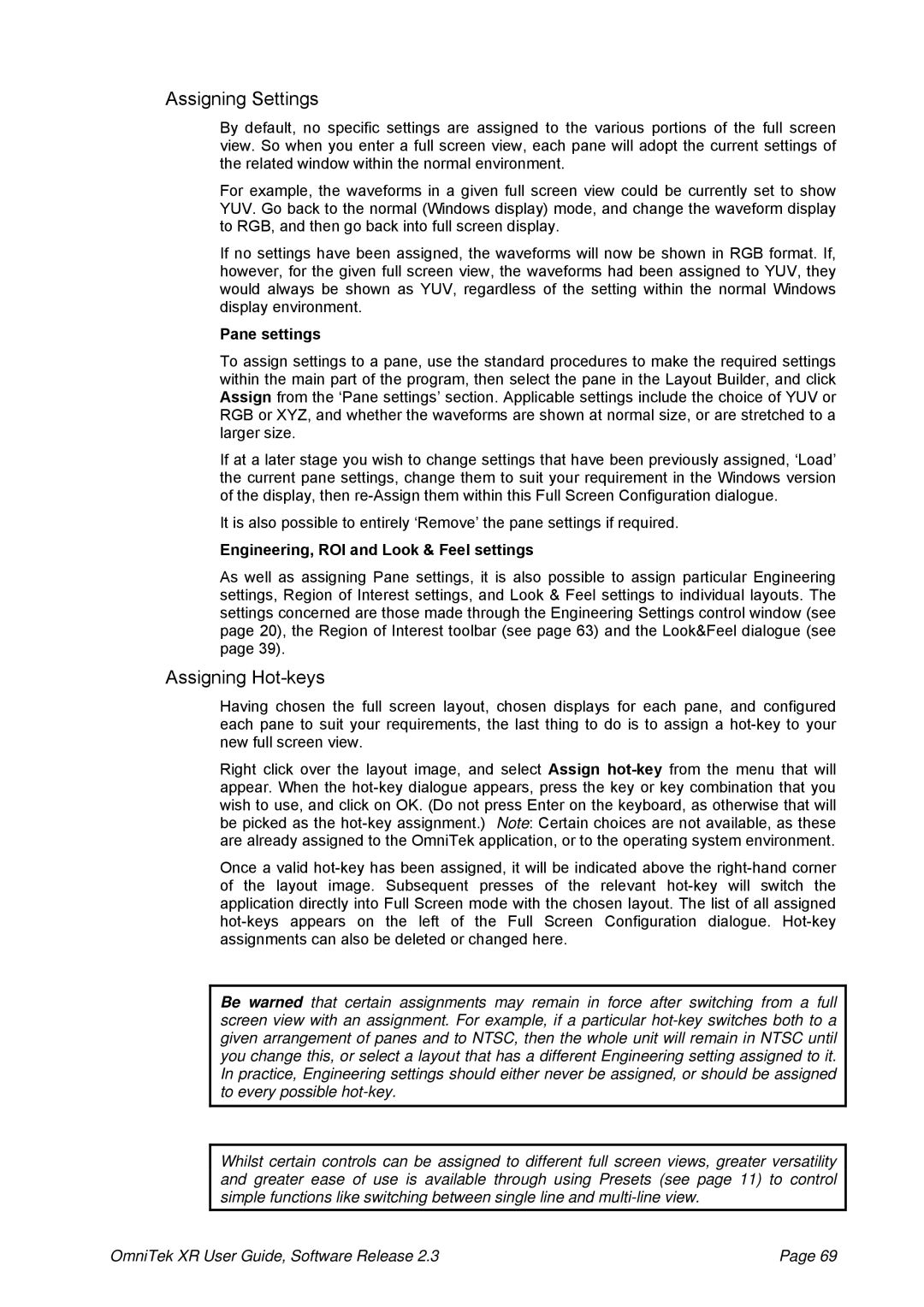 OmniTek 2.3 manual Assigning Settings, Assigning Hot-keys, Pane settings, Engineering, ROI and Look & Feel settings 