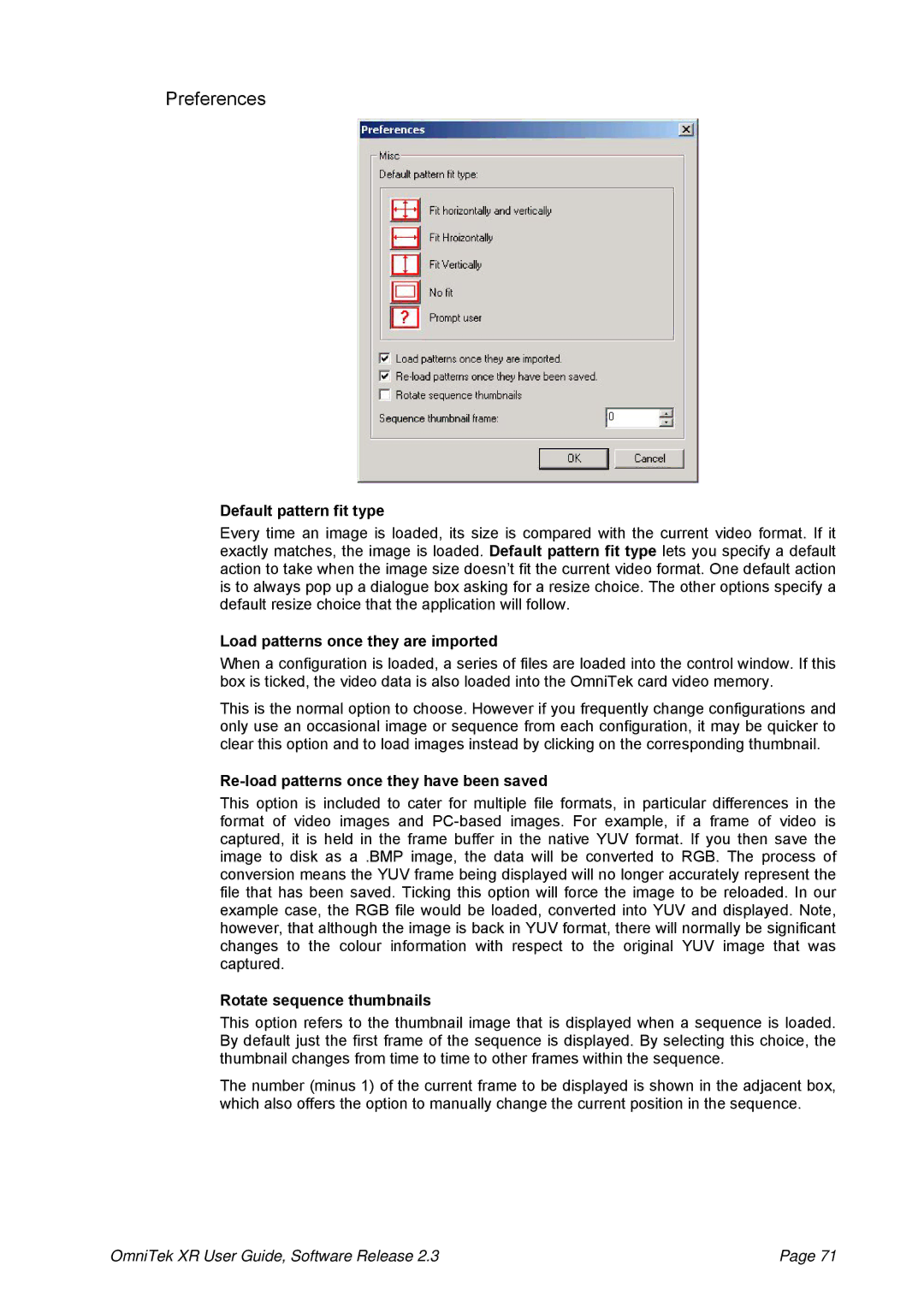 OmniTek 2.3 manual Preferences, Default pattern fit type, Load patterns once they are imported, Rotate sequence thumbnails 