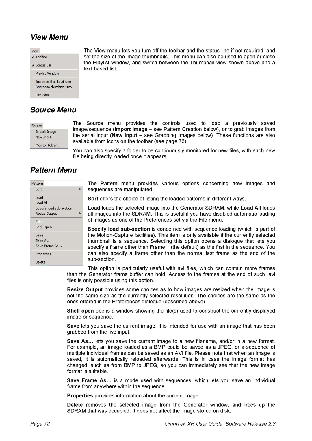 OmniTek 2.3 manual View Menu, Source Menu, Pattern Menu 