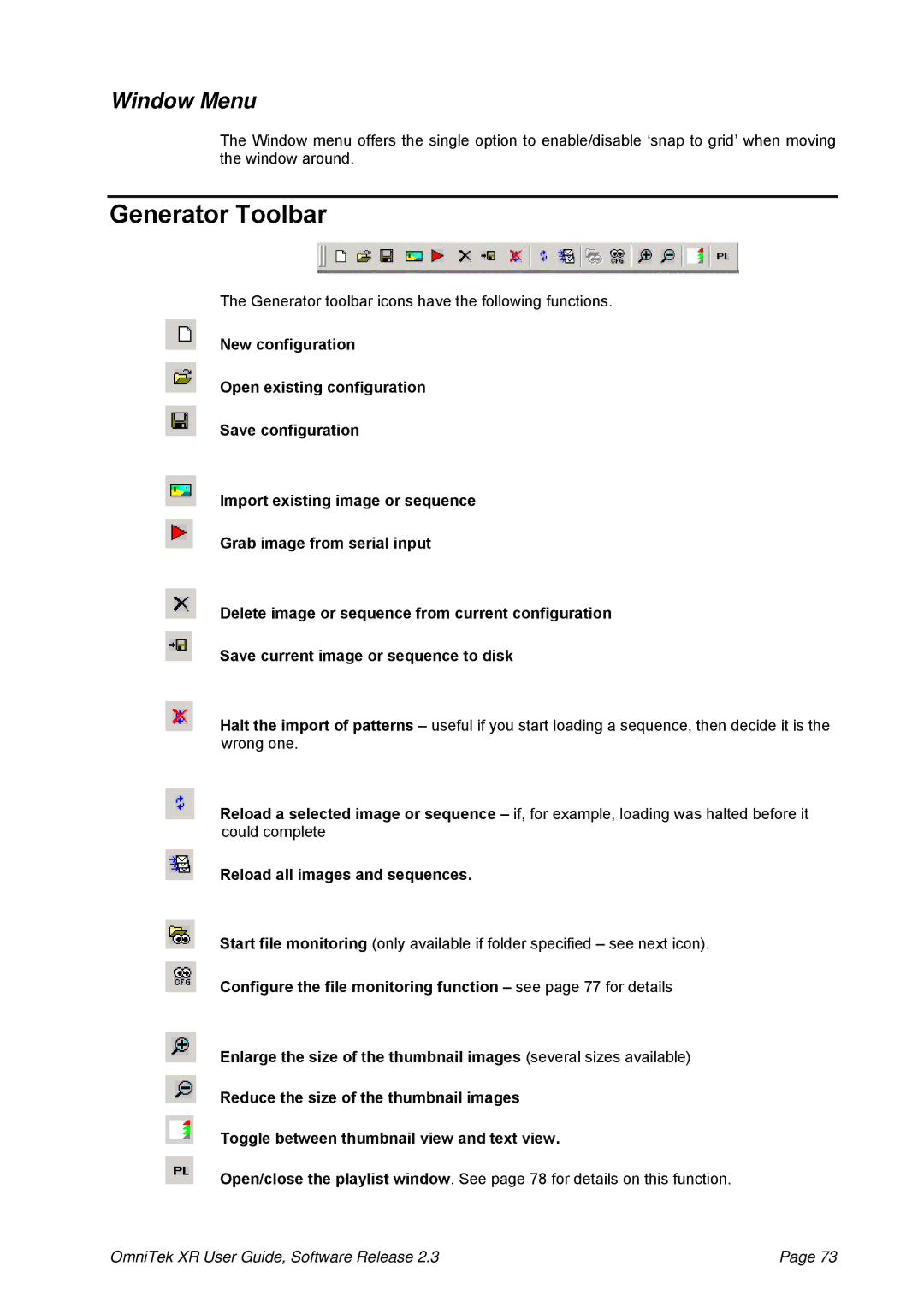 OmniTek 2.3 manual Generator Toolbar, Reload all images and sequences 