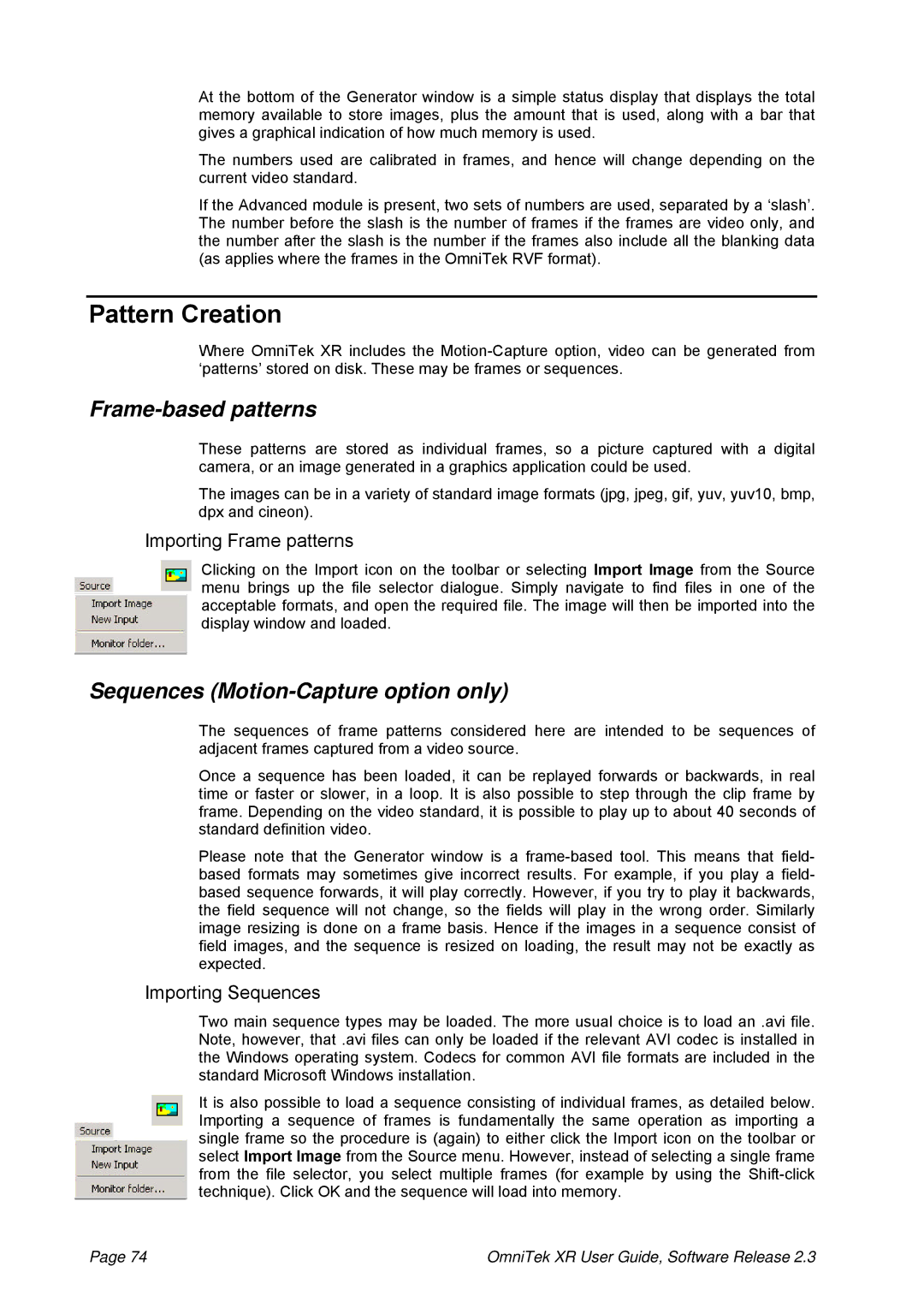 OmniTek 2.3 manual Pattern Creation, Frame-based patterns, Sequences Motion-Capture option only, Importing Frame patterns 