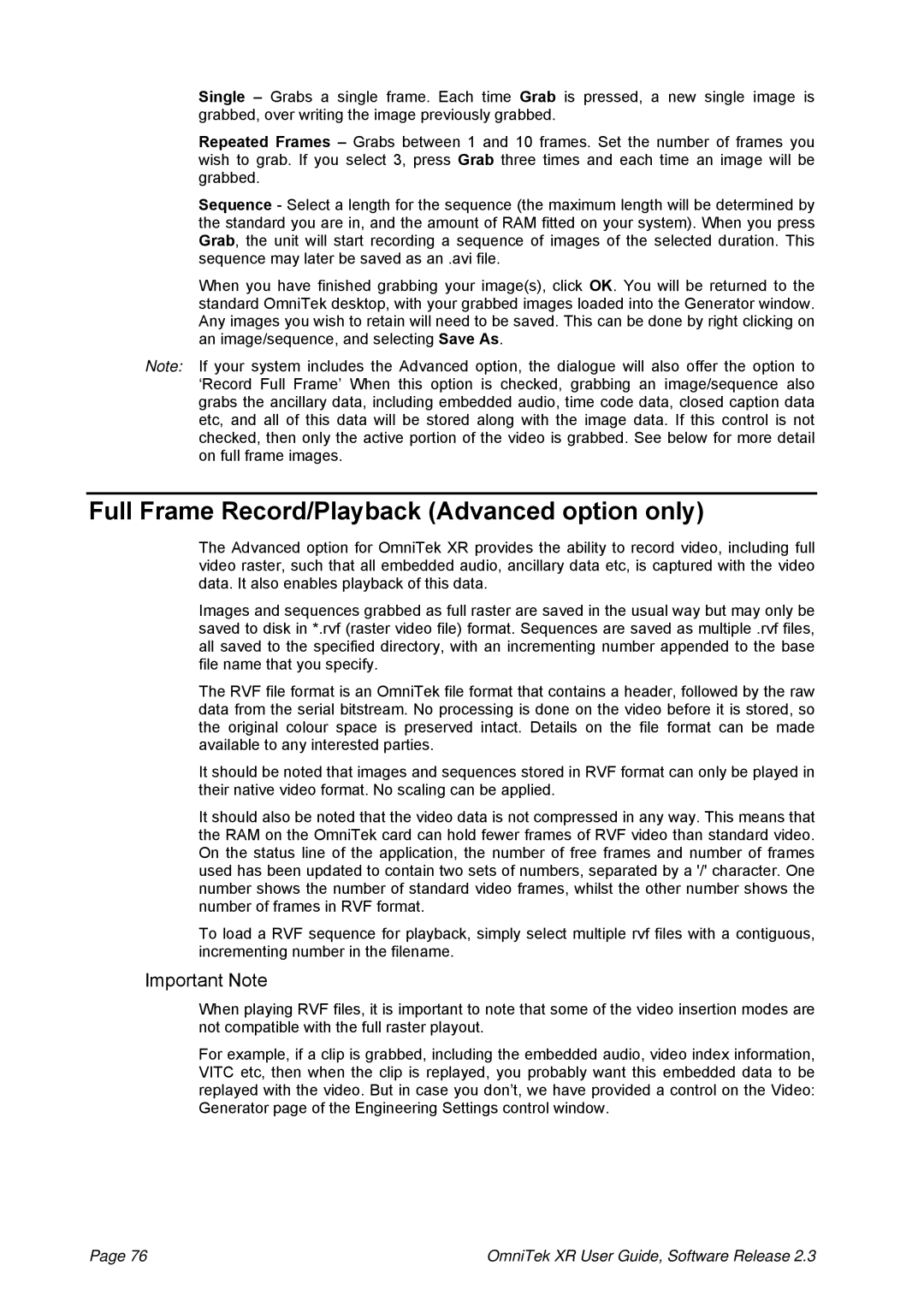 OmniTek 2.3 manual Full Frame Record/Playback Advanced option only, Important Note 