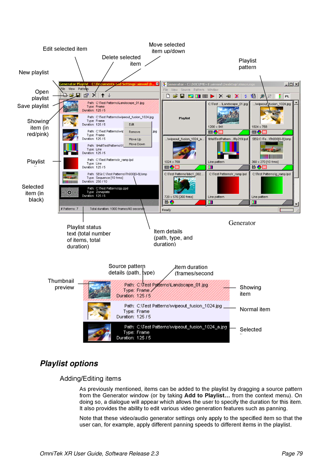 OmniTek 2.3 manual Playlist options, Adding/Editing items 