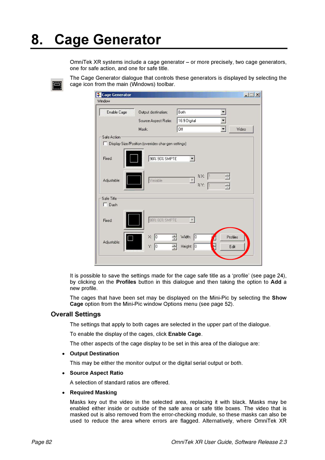 OmniTek 2.3 manual Cage Generator, Output Destination, Source Aspect Ratio, Required Masking 