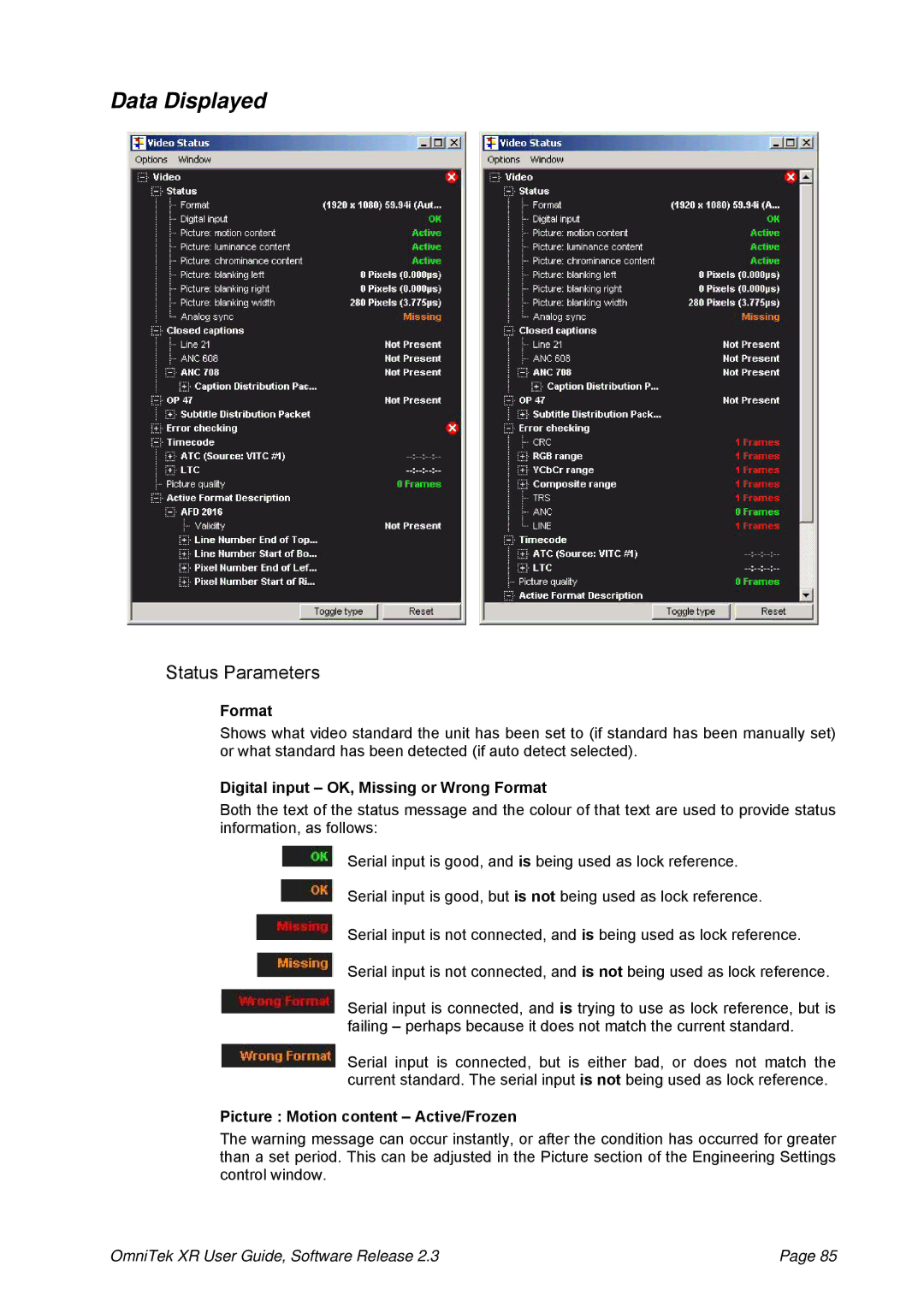 OmniTek 2.3 manual Data Displayed, Status Parameters, Digital input OK, Missing or Wrong Format 