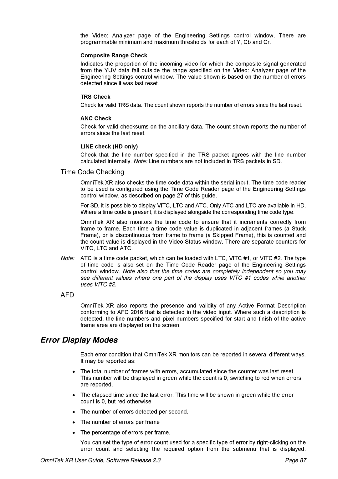 OmniTek 2.3 manual Error Display Modes, Time Code Checking 